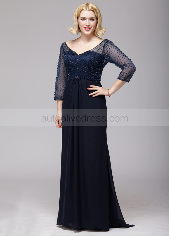 Navy Blue Pearls Mother Of The Bride Dress